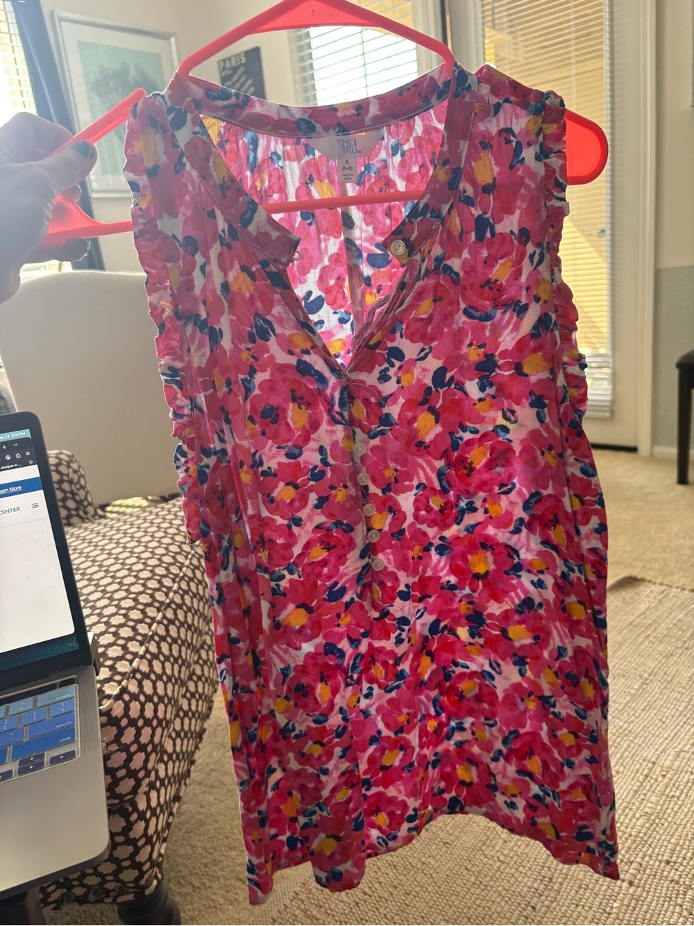 Source Unknown Pink Floral Sleeveless Blouse with Yellow & Blue Accents